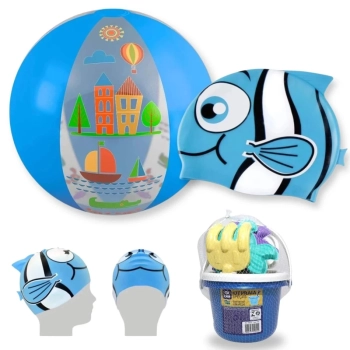 Kit Touca Infantil Peixinho + Bola 40 Cm + Baldinho de Praia com 8 Peas Sortidas