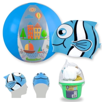 Kit Touca Infantil Peixinho + Bola 40 Cm + Baldinho de Praia com 8 Peas Sortidas