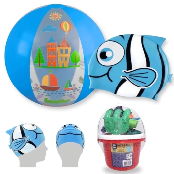 Kit Touca Infantil Peixinho + Bola 40 Cm + Baldinho de Praia com 8 Peas Sortidas
