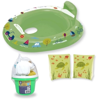 Kit Boia Bote Infantil com Fralda Verde + Boia de Brao Infantil + Baldinho de Praia com 8 Peas em Cores Sortidas