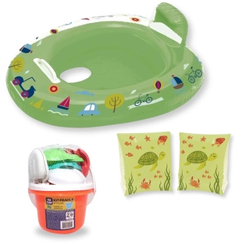 Kit Boia Bote Infantil com Fralda Verde + Boia de Brao Infantil + Baldinho de Praia com 8 Peas em Cores Sortidas