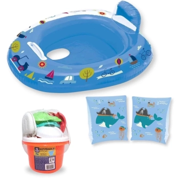 Kit Boia Bote Infantil com Fralda Azul + Boia de Bra�o Infantil + Baldinho de Praia com 8 Pe�as em Cores Sortidas