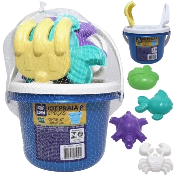 Kit Boia Bote Infantil com Fralda Azul + Boia de Bra�o Infantil + Baldinho de Praia com 8 Pe�as em Cores Sortidas