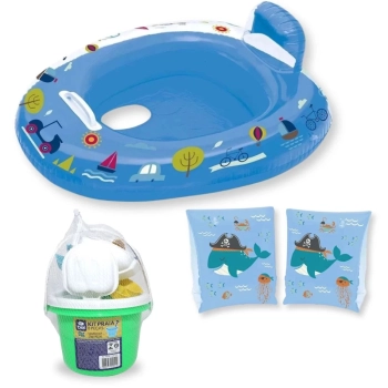 Kit Boia Bote Infantil com Fralda Azul + Boia de Brao Infantil + Baldinho de Praia com 8 Peas em Cores Sortidas