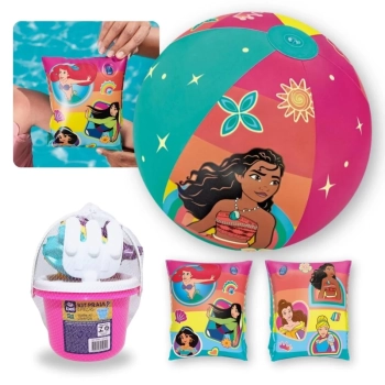 Kit Bola 33 Cm + Boia de Brao Princesas + Baldinho de Praia com 8 Peas em Cores Sortidas