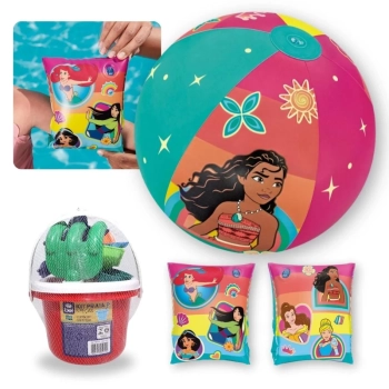 Kit Bola 33 Cm + Boia de Brao Princesas + Baldinho de Praia com 8 Peas em Cores Sortidas
