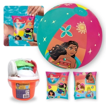 Kit Bola 33 Cm + Boia de Brao Princesas + Baldinho de Praia com 8 Peas em Cores Sortidas