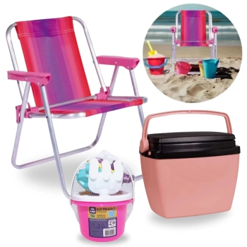 Kit Cadeira de Praia Infantil Rosa + Caixa Termica 6 Litros Rosa + Baldinho de Praia com 8 Peas