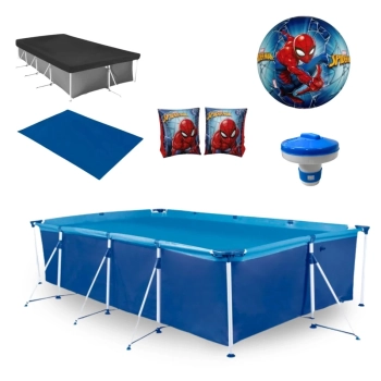 Kit Piscina 5000 Litros Premium + Capa, Forro + Boia de Brao e Bola Homem Aranha + Mini Flutuador