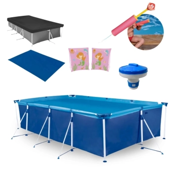 Kit Piscina 5000 L Premium + Capa, Forro + Lana gua Animais + Boia de Brao + Mini Clorador