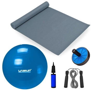 Kit Bola Suiça 65 Cm + Corda de Pular + Colchonete Eva Cinza + Roda Abdominal + Mini Bomba