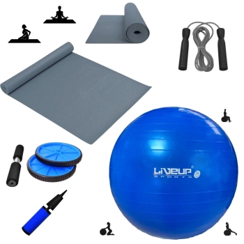 Kit Bola Sua 65cm + Corda de Pular + Colchonete Eva Cinza e Roda Abdominal com Mini Bomba Treino