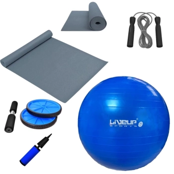 Kit Bola Sua 65cm + Corda de Pular + Colchonete Eva Cinza e Roda Abdominal com Mini Bomba Treino