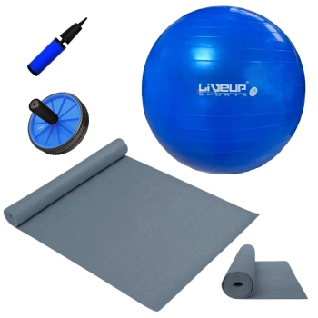Kit Bola Sua 65cm + Mini Bomba + Colchonete Eva 4mm Cinza + Roda Abdominal Pilates e Treino