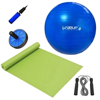 Kit Bola Sua 65cm + Roda Abdominal + Colchonete Verde + Corda de Pular + Mini Bomba Yoga Pilates