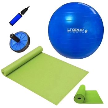 Kit Bola Suia 65cm + Mini Bomba + Roda Abdominal + Colchonete Verde para Pilates, Yoga e Treino