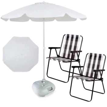Kit Guarda Sol Branco 1,60 M + Base Branca 21kg + 2 Cadeiras de Praia Modelo Retro