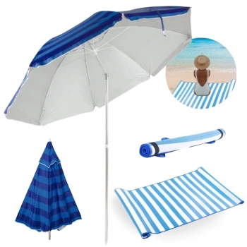 Kit Guarda Sol 2,40m Articulado Azul Listrado Fps 100 + Esteira de Praia 1,80m com Alça