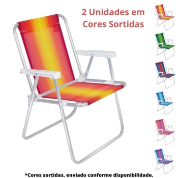 Kit 2 Cadeiras de Praia Alumnio Coloridas + Guarda Sol Piscina 2,40 M Listrado Articulado Fps 100
