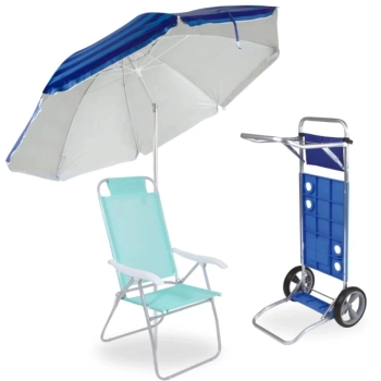 Kit Cadeira de Praia Prosa 4 Posi + Carrinho de Praia Vira Mesa + Guarda Sol 2,40 M Articulado