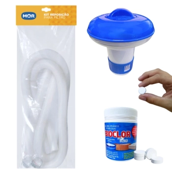 Kit Mangueira 32mm + Abraçadeira Reposição Filtro Mor + Mini Clorador Kala + 50 Mini Pastilhas de Cloro 2g