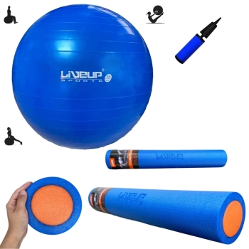 Kit Rolo para Exerccios 90cm Azul + Bola Sua 65cm com Mini Bomba para Alongamento e Equilbrio