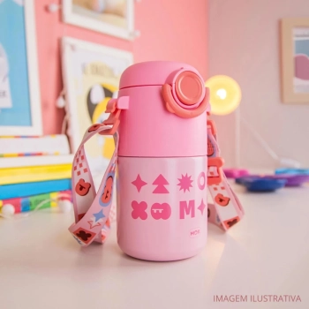 Kit Garrafa Trmica Kids Rosa 500ml Ao Inox Ala e Canudo + Caixa Trmica 18 Litros Rosa