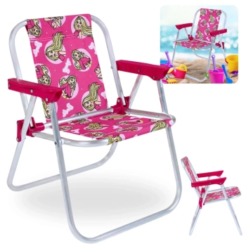Kit Cadeira de Praia Infantil Rosa Barbie + Baldinho, Pazinha, Rastelo Brinquedos de Areia