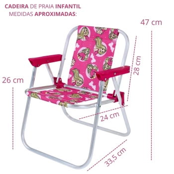 Kit Cadeira de Praia Infantil Rosa Barbie + Baldinho, Pazinha, Rastelo Brinquedos de Areia