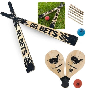 Kit Jogo Tacobol Tacos de Bets Madeira e 2 Casinhas + Frescobol Infantil 2 Raquetes Ilustradas + 2 Bolinhas