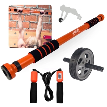 Kit Barra para Porta Ajustável de 65cm a 95cm + Corda de Pular Analogica com Rolamento + Roda para Abdominal