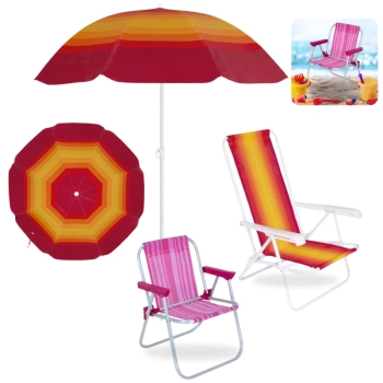Kit Cadeira de Praia Infantil Rosa + Cadeira de Praia Adulto 4 Pos Ao Colorida + Guarda Sol 1,50 M