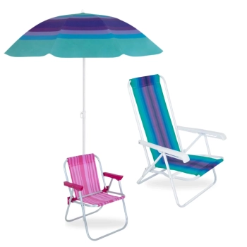 Kit Cadeira de Praia Infantil Rosa + Cadeira de Praia Adulto 4 Pos Ao Colorida + Guarda Sol 1,50 M