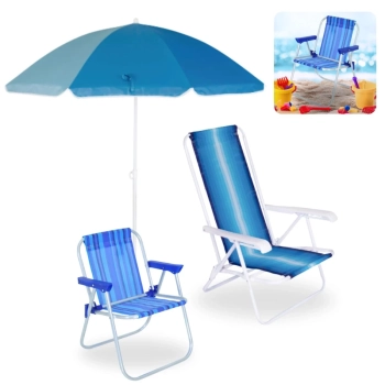 Kit Cadeira de Praia Infantil Azul + Cadeira de Praia Adulto 4 Pos em Ao Colorida + Guarda Sol 1,50m