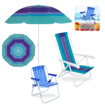Kit Cadeira de Praia Infantil + Cadeira de Praia Adulto em Ao Colorida + Guarda Sol Fps 70 1,50 M