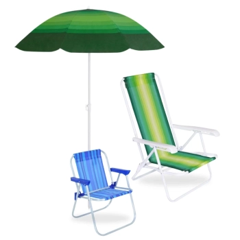 Kit Cadeira de Praia Infantil + Cadeira de Praia Adulto em Ao Colorida + Guarda Sol Fps 70 1,50 M