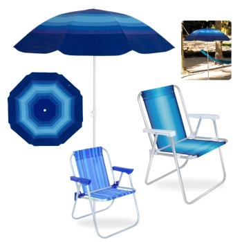 Kit Cadeira de Praia Infantil Azul + Cadeira Praia Alta Alumnio Colorida + Guarda Sol Fps 70 1,50 M