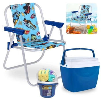 Kit Cadeira de Praia Infantil Hot Wheels + Caixa Termica 6 Litros Azul + Baldinho de Praia 8 Peas Colorido
