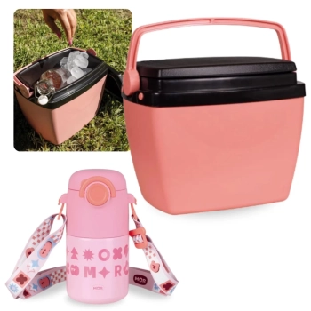 Kit Garrafa Trmica Kids Rosa 500ml Ao Inox Ala e Canudo + Caixa Trmica 6 Litros Pequena Rosa