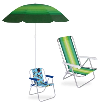 Kit Cadeira de Praia Infantil Hot Wheels + Cadeira Praia Adulto em Ao + Guarda Sol 1,50 M Piscina
