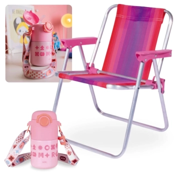 Kit Garrafa Trmica Infantil Kids 500ml Ao Inox Ala e Canudo + Cadeira de Praia Infantil Rosa Mor