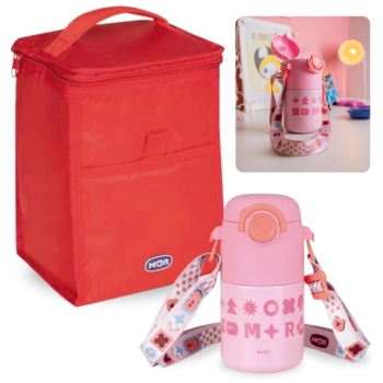 Kit Bolsa Trmica Porttil de 5 Litros Colorida + Garrafa Trmica Infantil Rosa 500 Ml Inox com Ala