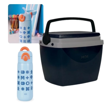Kit Garrafa Trmica Azul 480ml Ao Inox Ala e Canudo Kids + Caixa Trmica 6 Litros Pequena Preta