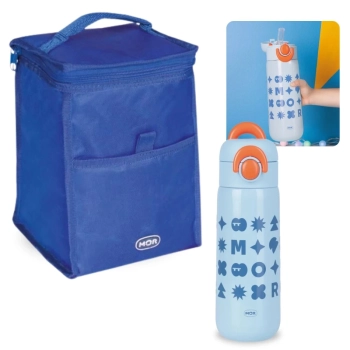 Kit Bolsa Trmica Porttil de 5 Litros Colorida + Garrafa Trmica 480 Ml Infantil Azul Inox com Ala