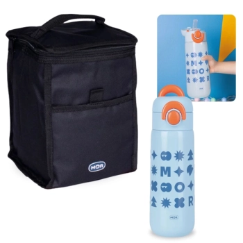 Kit Bolsa Trmica Porttil de 5 Litros Colorida + Garrafa Trmica 480 Ml Infantil Azul Inox com Ala