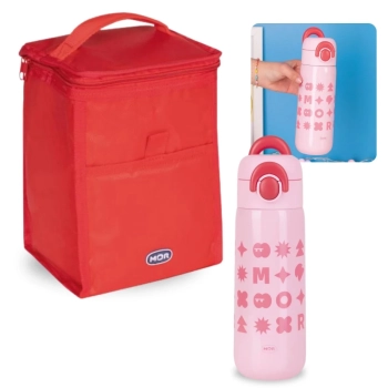 Kit Bolsa Trmica Porttil de 5 Litros Colorida + Garrafa Trmica 480 Ml Infantil Rosa Inox com Ala