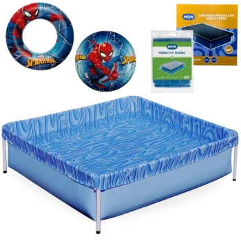Kit Piscina Infantil 400 Litros Estrutural Mor + Capa, Forro + Boia e Bola Homem Aranha