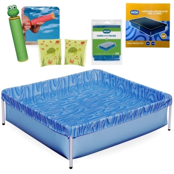 Kit Piscina Infantil 400 Litros Estrutural Mor + Capa, Forro + Boia de Brao Verde + Lana gua