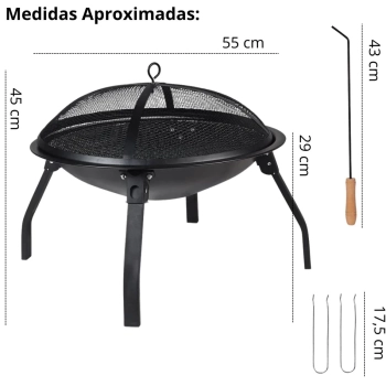 Kit 2 Cadeiras Dobrveis Pretas At 110 Kg + Churrasqueira Fogueira Lareira Brasa Porttil em Ao a Carvo