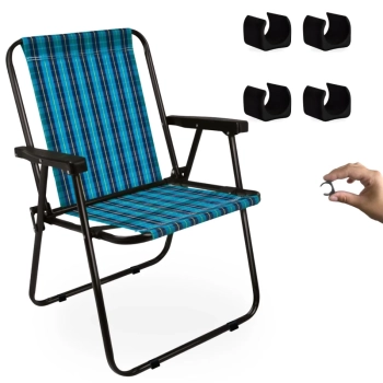 Kit Cadeira de Praia Xadrez Marine em Ao Mor + Protetor para o P da Cadeira Quadrado Preto Evita Riscos
